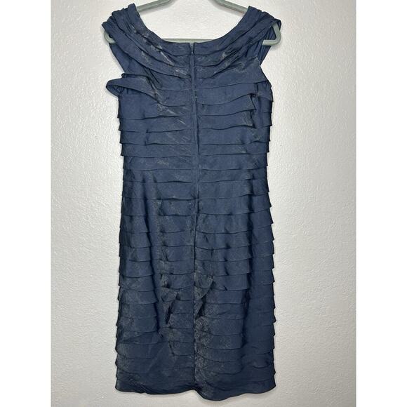 Adrianna Papell Ruffled Shimmer Sheath Dress Navy Blue Cap Sleeves Size 10 - Picture 2 of 6